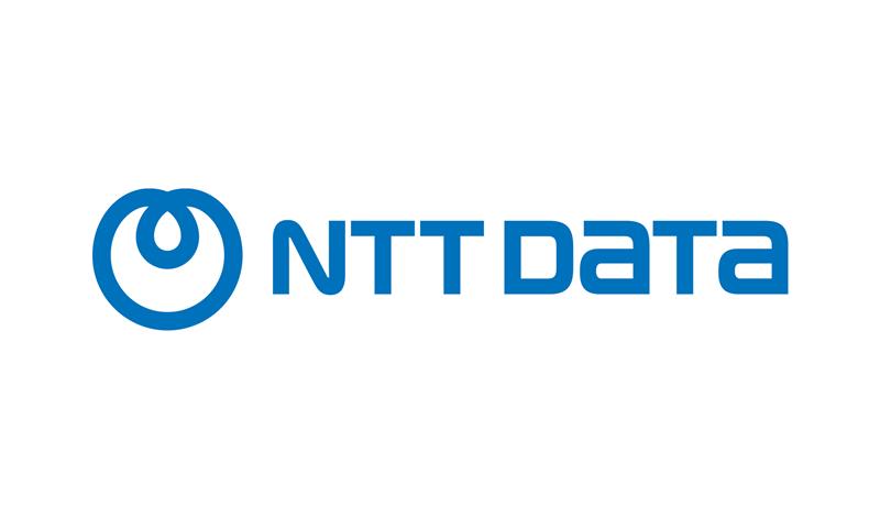 NTT DATA Logo mit einem stilisierten blauen kreisförmigen Symbol, gefolgt von dem Text NTT DATA in fetten blauen Großbuchstaben auf weißem Hintergrund.