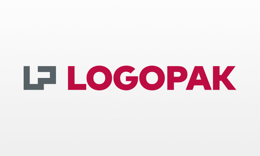 Logopak-Logo mit einem grauen geometrischen LP-Symbol links neben dem fetten roten Text LOGOPAK auf weißem Hintergrund.