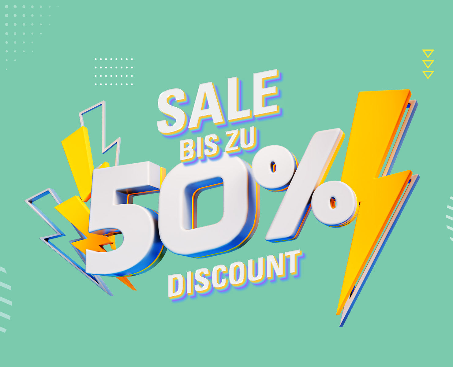 3D-Text auf grünem Hintergrund: SALE BIS ZU 50% DISCOUNT mit gelben Blitzen und geometrischen Akzenten.