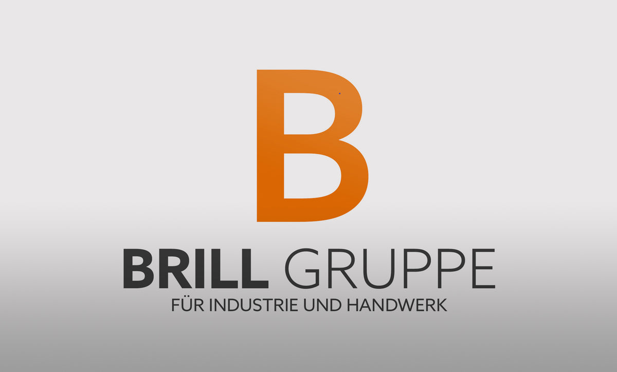 Großes orangefarbenes B über schwarzem und grauem Text mit der Aufschrift Brill Gruppe Für Industrie und Handwerk auf hellgrauem Hintergrund.