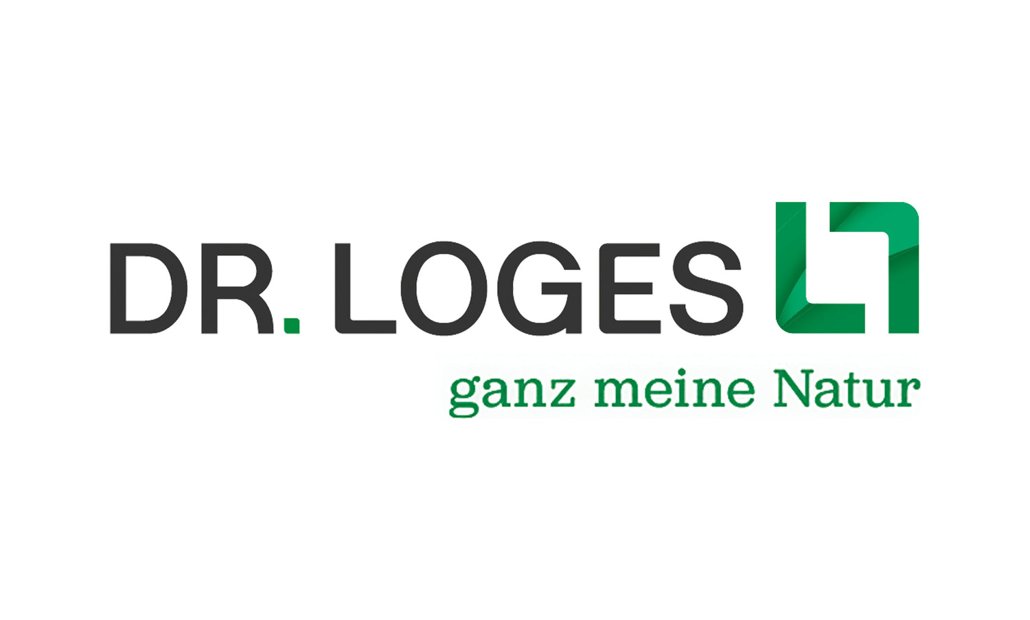 Logo mit Text DR. LOGES in Schwarz, einem grünen geometrischen Symbol, das einem "L" ähnelt, und dem Schriftzug "Ganz meine Natur" in Grün darunter.