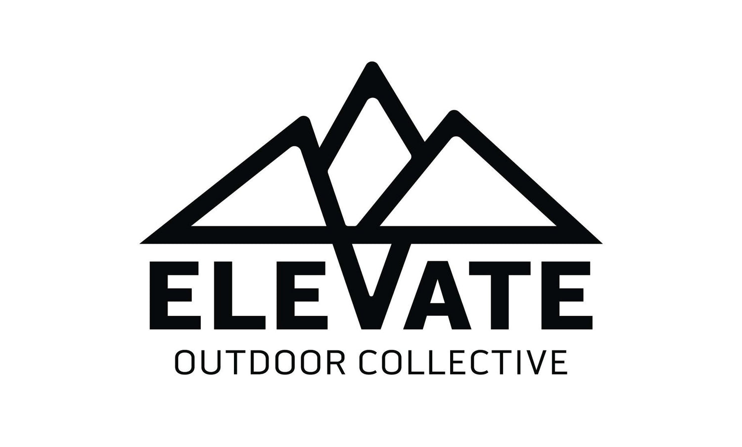 Logo mit stilisierter schwarzer Berggrafik über dem Wort ELEVATE, wobei das V wie ein Gipfel geformt ist, und dem Schriftzug OUTDOOR COLLECTIVE darunter.