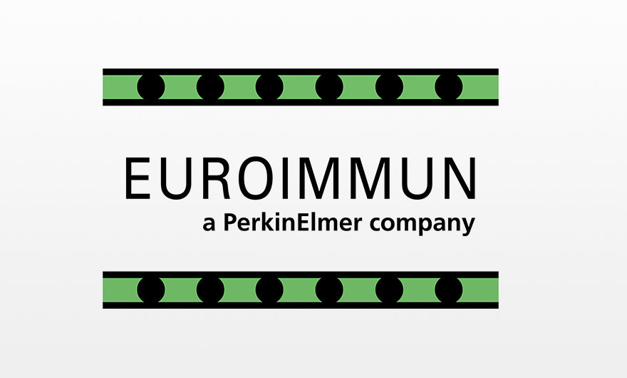 EUROIMMUN-Logo mit grün und schwarz gemusterten Balken über und unter dem Text, darunter der Schriftzug der Firma PerkinElmer.