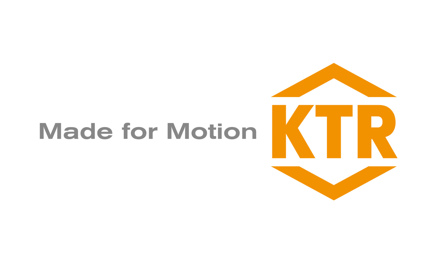 Der graue Text lautet "Made for Motion" neben einem stilisierten orangefarbenen KTR-Logo in einem sechseckigen Umriss auf weißem Hintergrund.