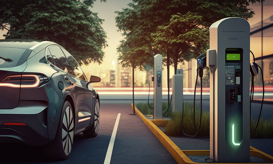 Ein elegantes Elektroauto steht in der Abenddämmerung an einer Ladestation auf einem modernen, von Bäumen gesäumten Parkplatz. Im Hintergrund sind Stadtgebäude und verschwommene Autolichter zu sehen.