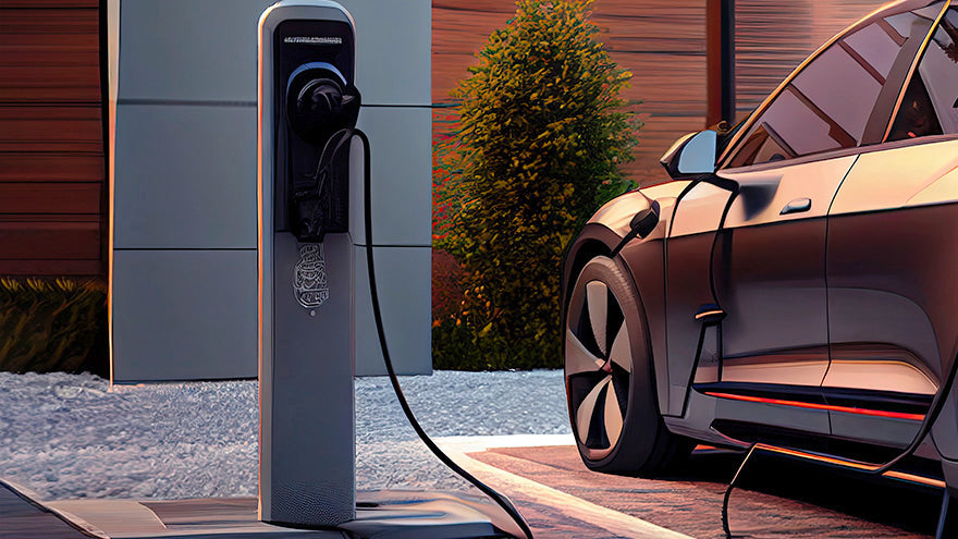 Elektroauto, das an einer modernen Ladestation in der Nähe eines Gebäudes geparkt ist und aufgeladen wird, wobei das Sonnenlicht Schatten auf die Szene wirft.