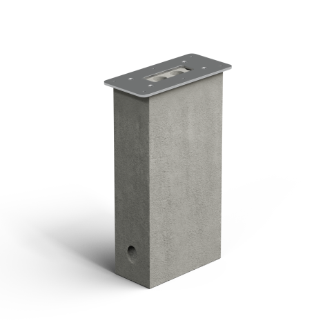 Das KEBA Keba Fundament ist ein rechteckiger Betonsockel mit einer Metallplatte und einem runden Loch in der Nähe der vorderen Ecke, perfekt als KEBA-Standfuß für den Außenbereich.