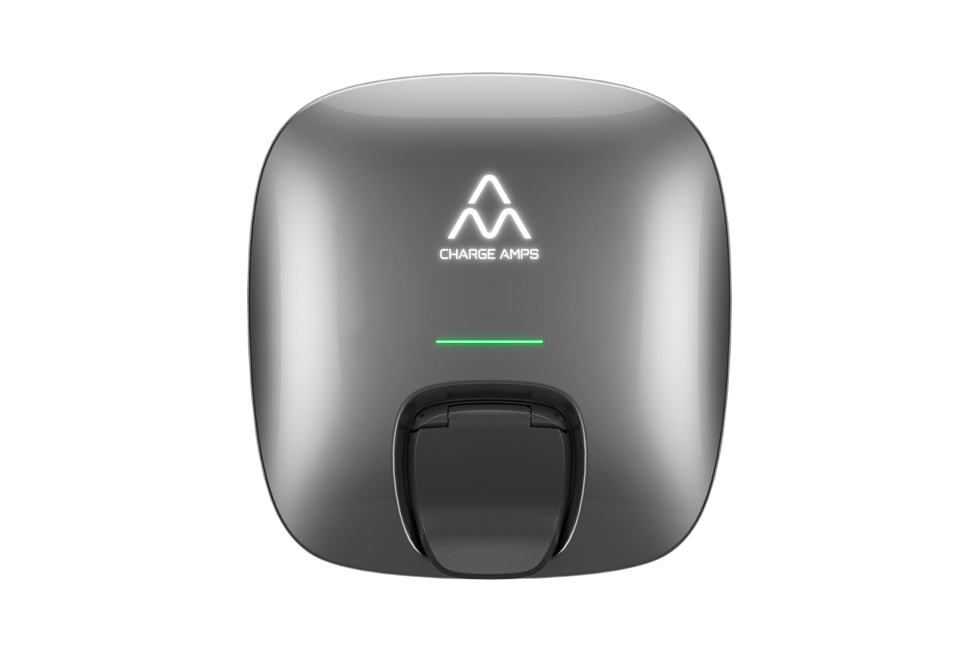 Die Charge Amps Luna ist eine graue Ladestation für Elektrofahrzeuge von Charge Amps mit einer zentralen LED-Anzeige, einem Logo auf der Vorderseite und einer fortschrittlichen, zukunftssicheren Lastausgleichsfunktion für das Energiemanagement.
