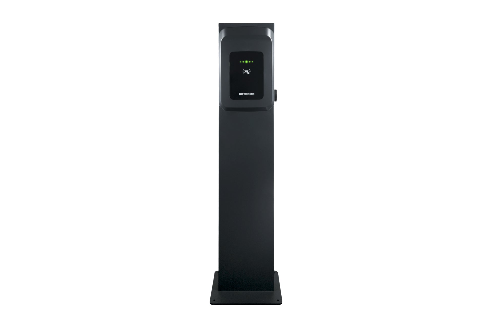 Der Kathrein Standfuß von Kathrein ist eine schwarze, rechteckige elektronische Ladestation, ideal für Wallboxen und robusten Außenschutz, die aufrecht auf einem flachen Sockel vor einem schlichten weißen Hintergrund steht.