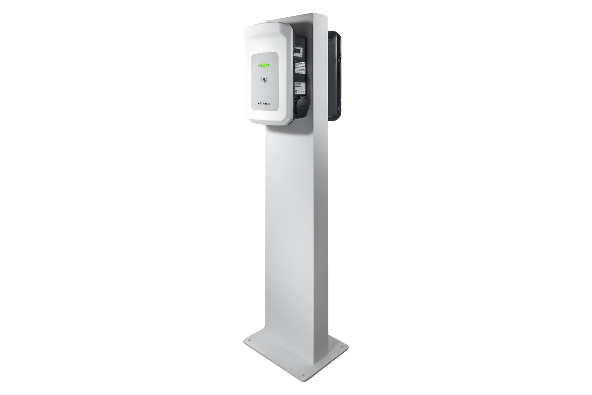 Der Kathrein Standfuß von Kathrein, abgebildet in Weiß auf einem hohen rechteckigen Sockel mit flachem Sockel, ist Wallbox-geeignet und ideal für den Außenstellplatzschutz.