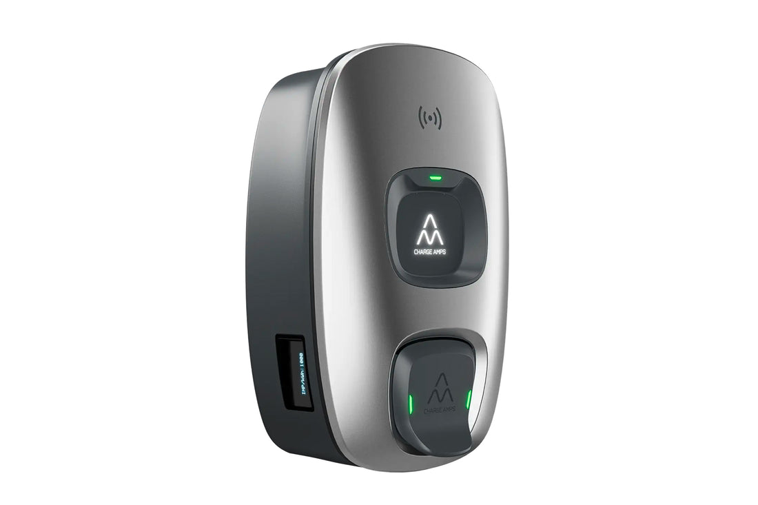 Das Charge Amps Dawn von Charge Amps ist ein silbernes elektronisches Türschloss mit Fingerabdruckscanner, LED-Anzeigen, einer GAMEL M4P5-Taste, seitlichem Kartensteckplatz und verbesserter Energieeffizienz – perfekt für moderne Smart Homes.