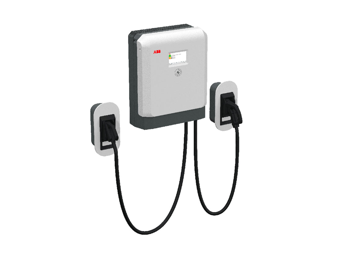 Die ABB Terra 24 DC-Wandladestation, eine wandmontierte Ladestation für Elektromobilität mit zwei Anschlüssen und Kabeln, ist vor weißem Hintergrund abgebildet.