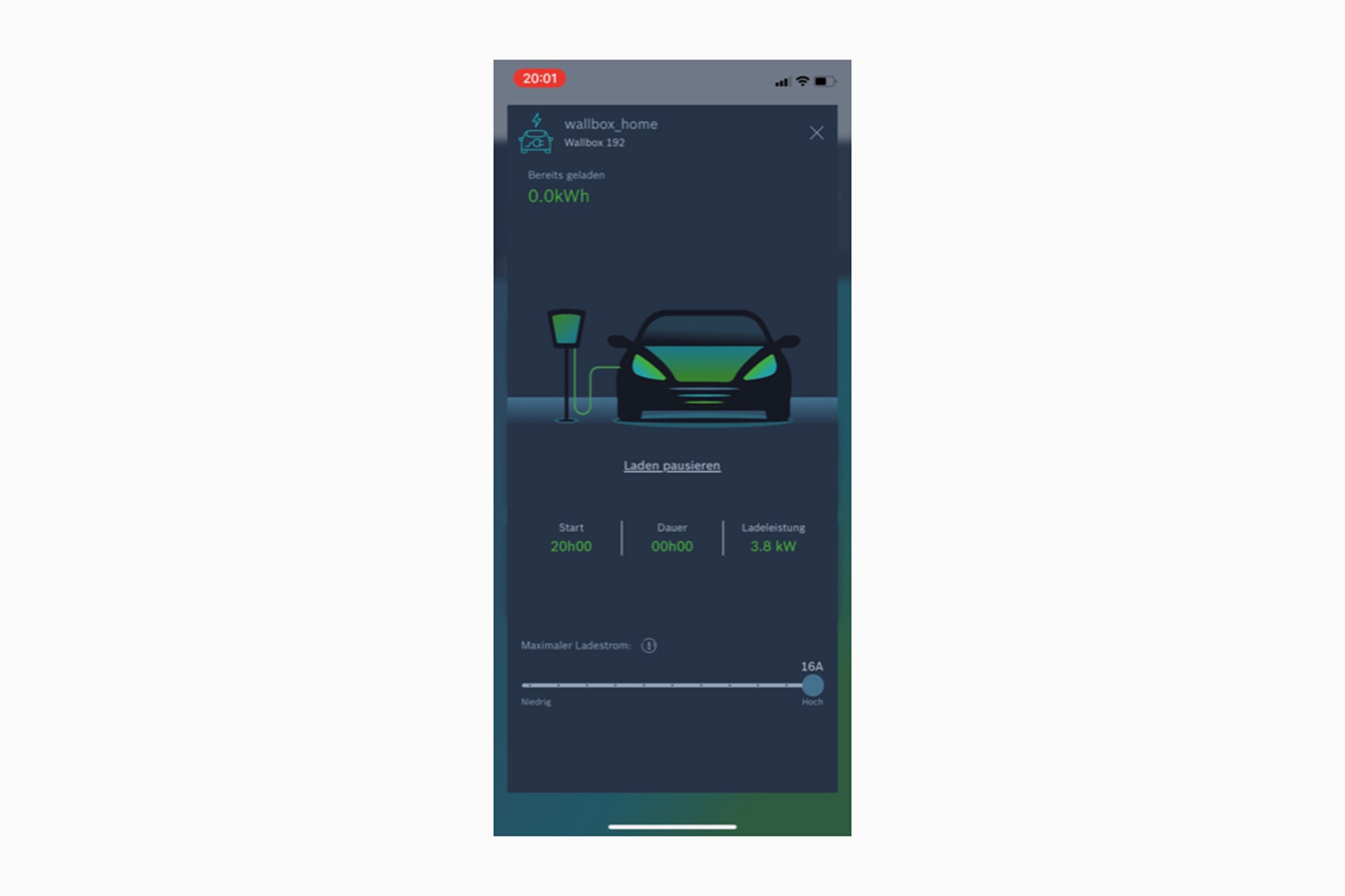 Auf einem Smartphone wird eine EV-Lade-App mit Ladeerfassung angezeigt, die den Ladestatus und die Ladeoptionen sowie eine Fahrzeuggrafik an einer Heidelberg AMPERFIED Wallbox connect.business-Station anzeigt.