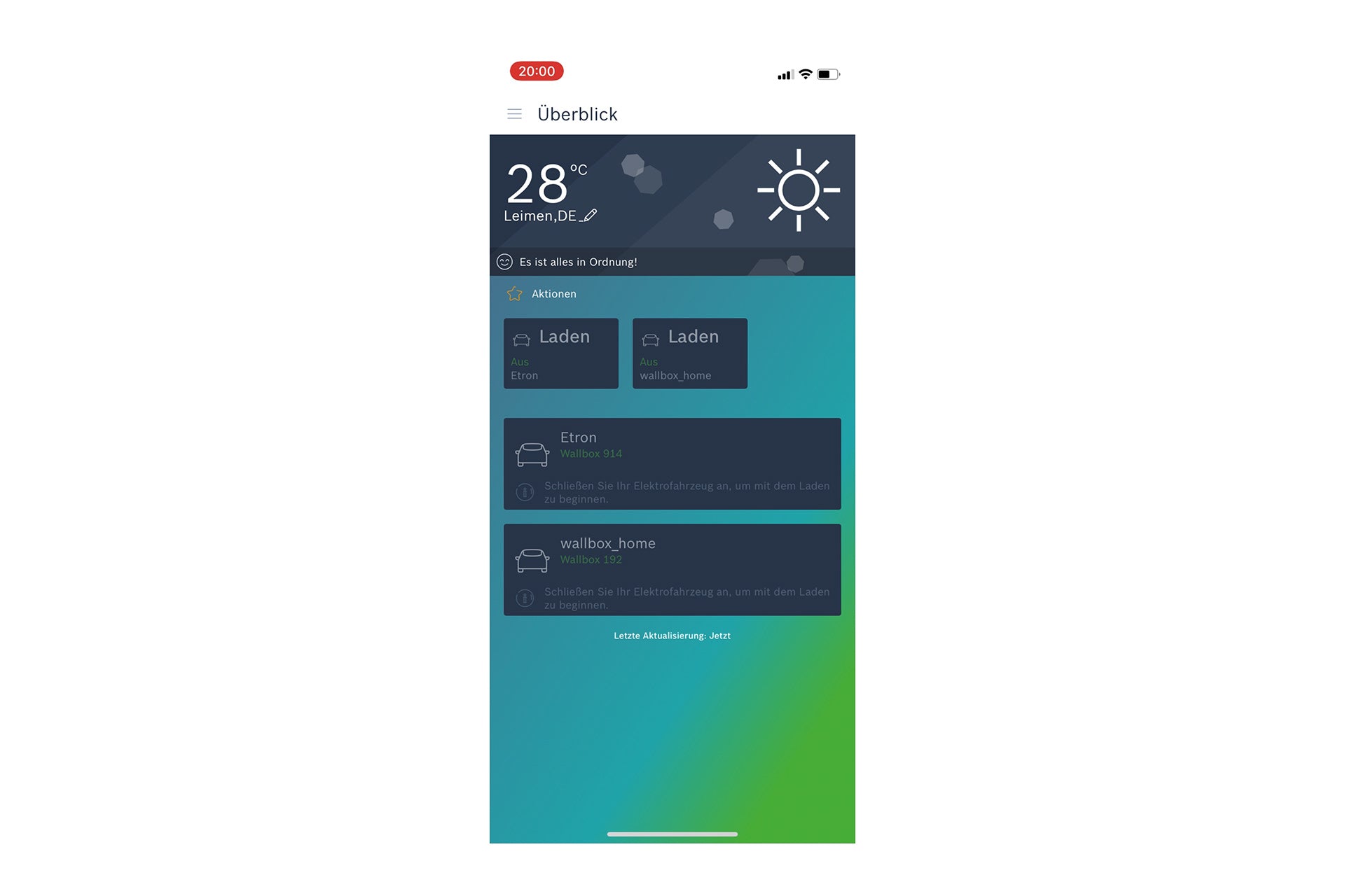 Screenshot einer deutschen Smartphone-App, die 28 °C und sonnig sowie Energiemanagement und Ladestatus für zwei Elektrofahrzeuge anzeigt: Etron und Heidelberg AMPERFIED Wallbox connect.business.
