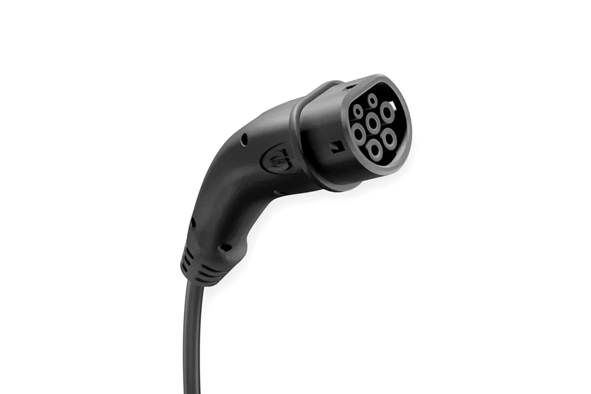 Der Elli Charger Connect 2 von Elli ist ein schwarzer Ladeanschluss für Elektrofahrzeuge mit sieben runden Stiften, der auf einem schlichten weißen Hintergrund abgebildet ist und auf universelle Kompatibilität ausgelegt ist.
