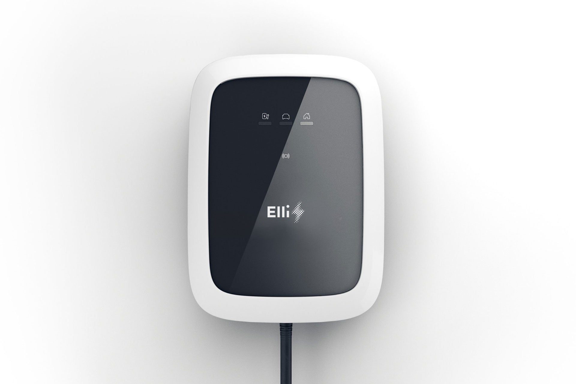 Ein schwarz-weißes Wandladegerät für Elektrofahrzeuge Elli Charger Pro von Elli mit universeller Kompatibilität und einem sichtbaren Kabel an der Unterseite ist an einer weißen Wand montiert.