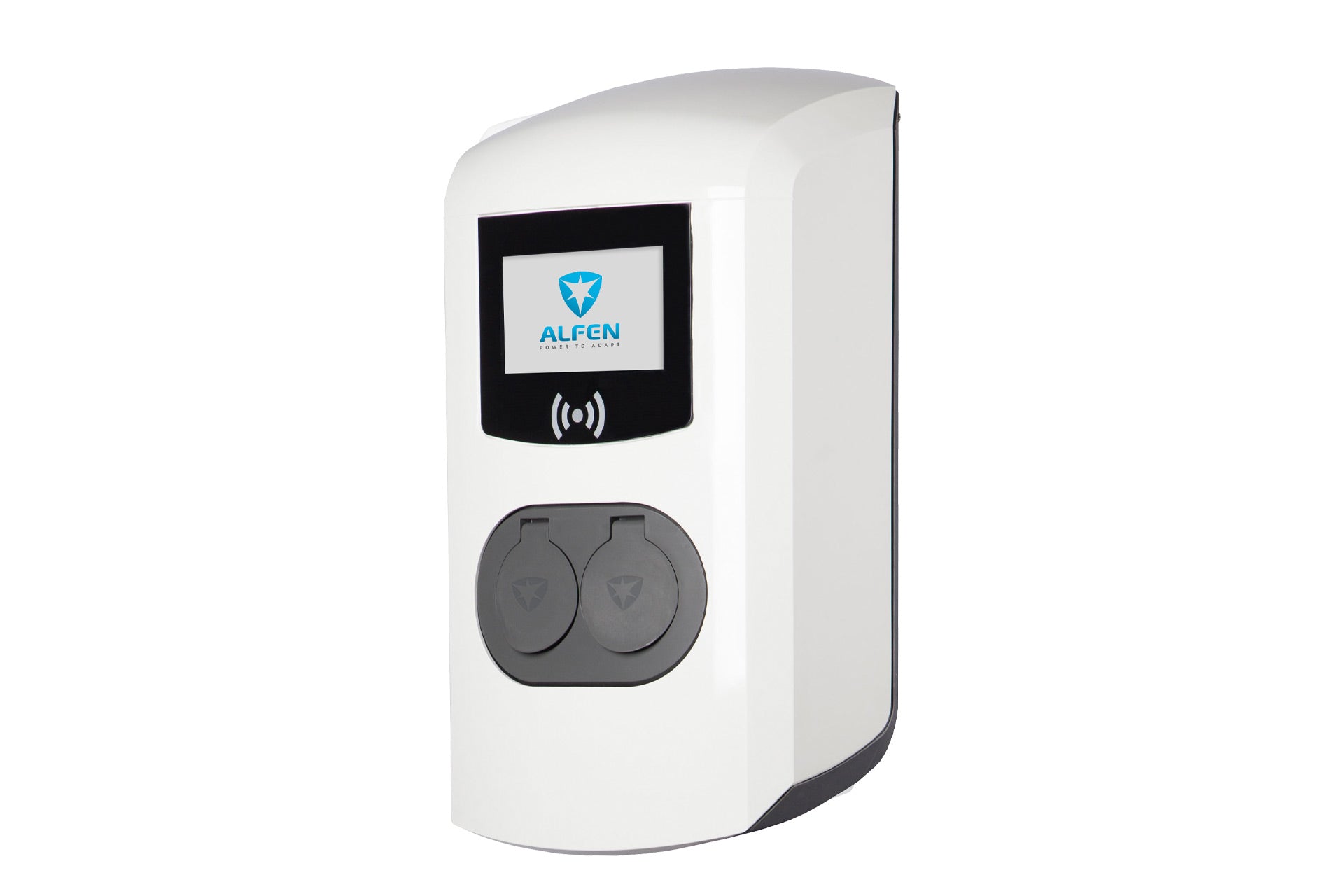 Die Alfen Eve Double Pro-Line ist eine weiße, intelligente Doppelladestation mit zwei abgedeckten Steckdosen und einem schwarzen Display, perfekt für das öffentliche Laden von Elektrofahrzeugen und konform mit den Mess- und Eichrechtsstandards.