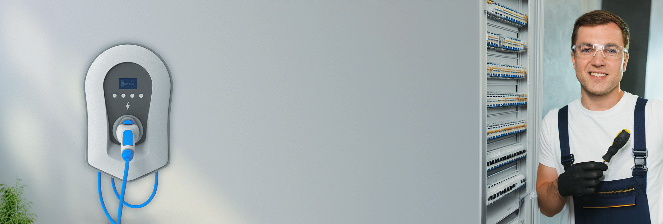 Ein Techniker mit Schutzbrille und Handschuhen steht neben einem Schaltschrank. In der Nähe ist an der Wand eine Ladestation für Elektrofahrzeuge montiert.
