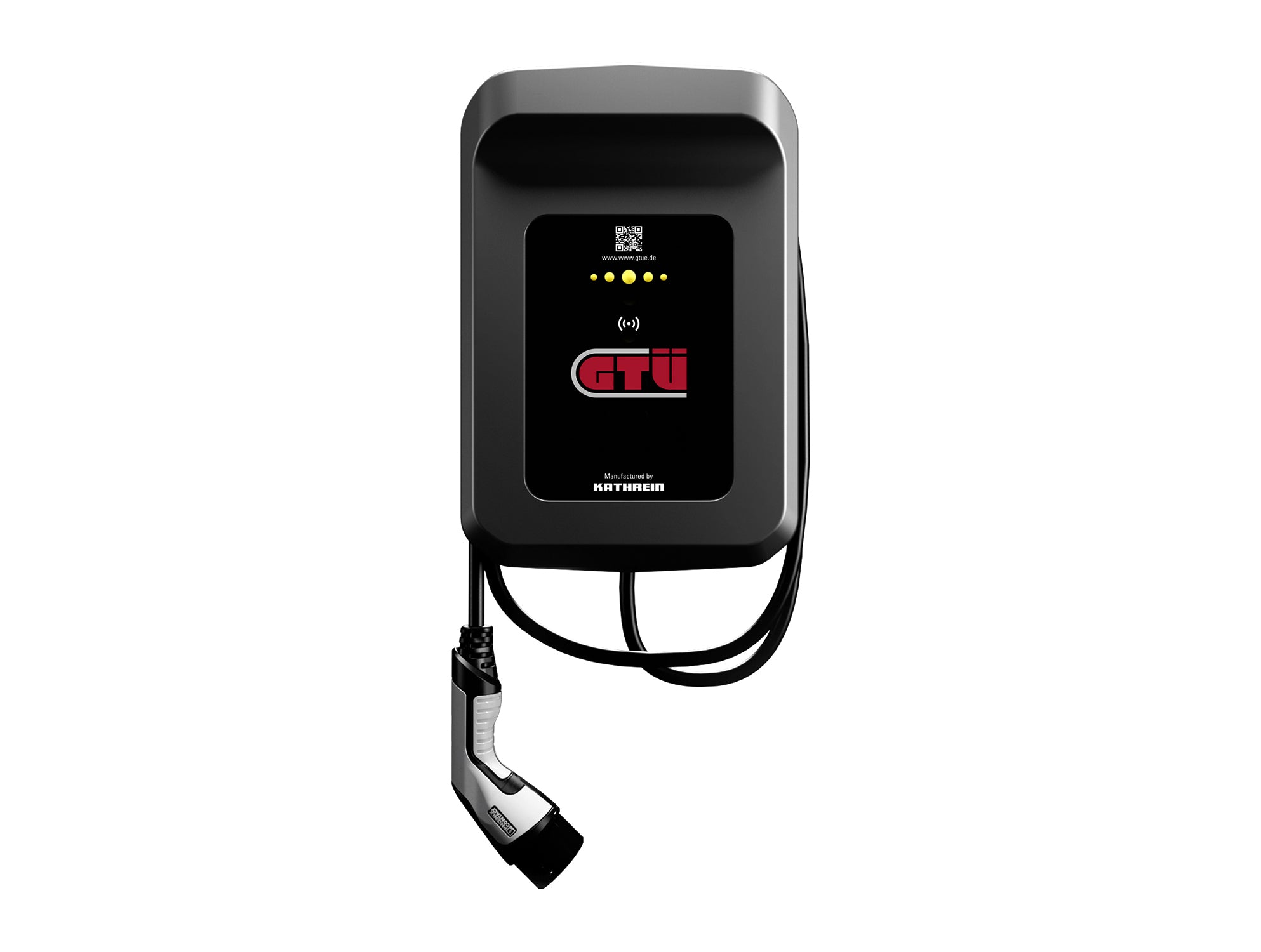 Eine schwarze GTÜ Wallbox WL60E-Ladestation für Elektrofahrzeuge auf weißem Hintergrund, ausgestattet mit einem Spiralladekabel, einer digitalen Anzeige mit GTÜ-Logo und einer integrierten Ladeübersicht für effizientes Energiemanagement.