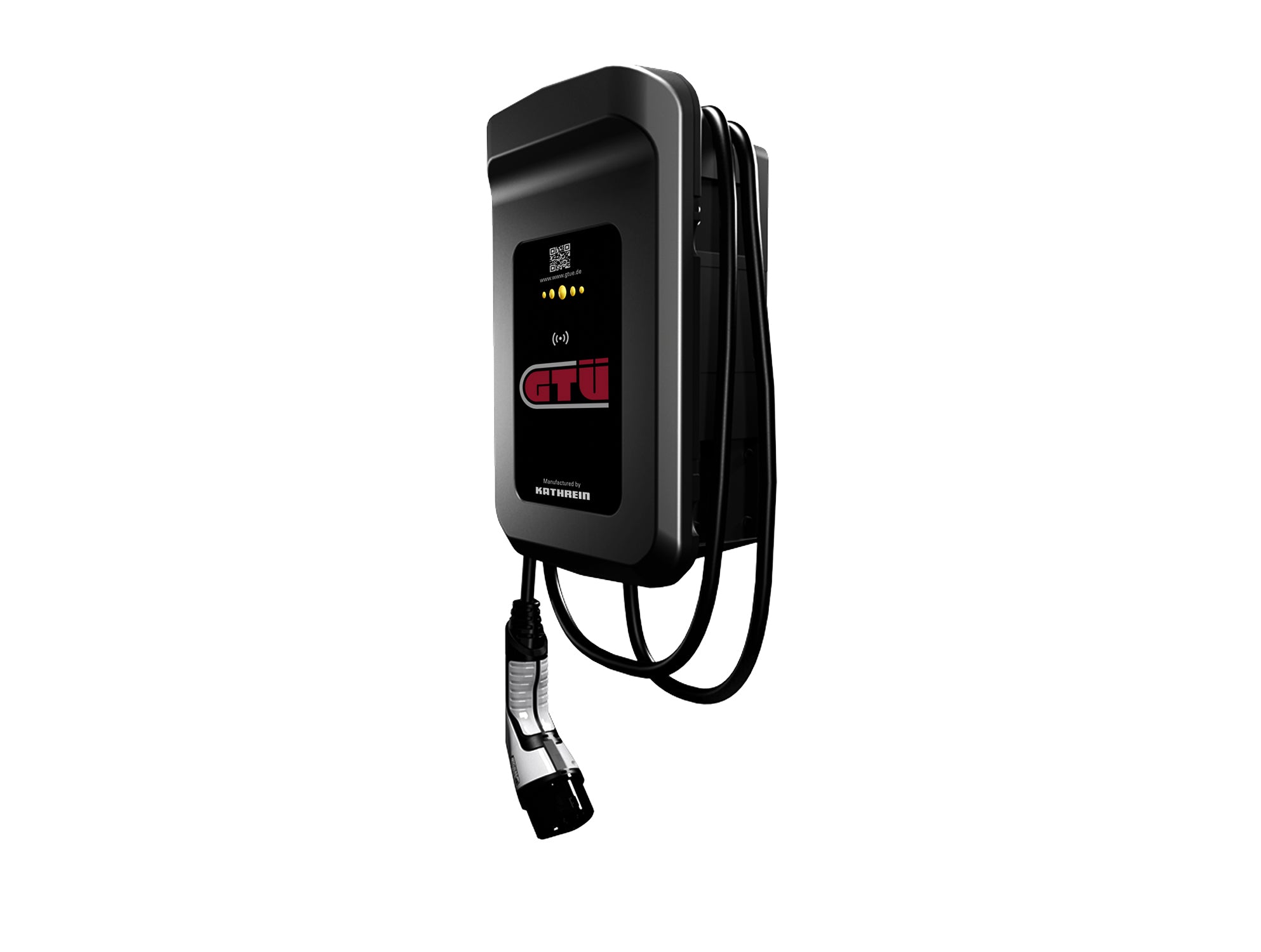 Die GTÜ Wallbox WL60E ist ein schwarzes, wandmontiertes EV-Ladegerät mit einer digitalen Ladeübersicht-Anzeige und einem Spiralladekabel.