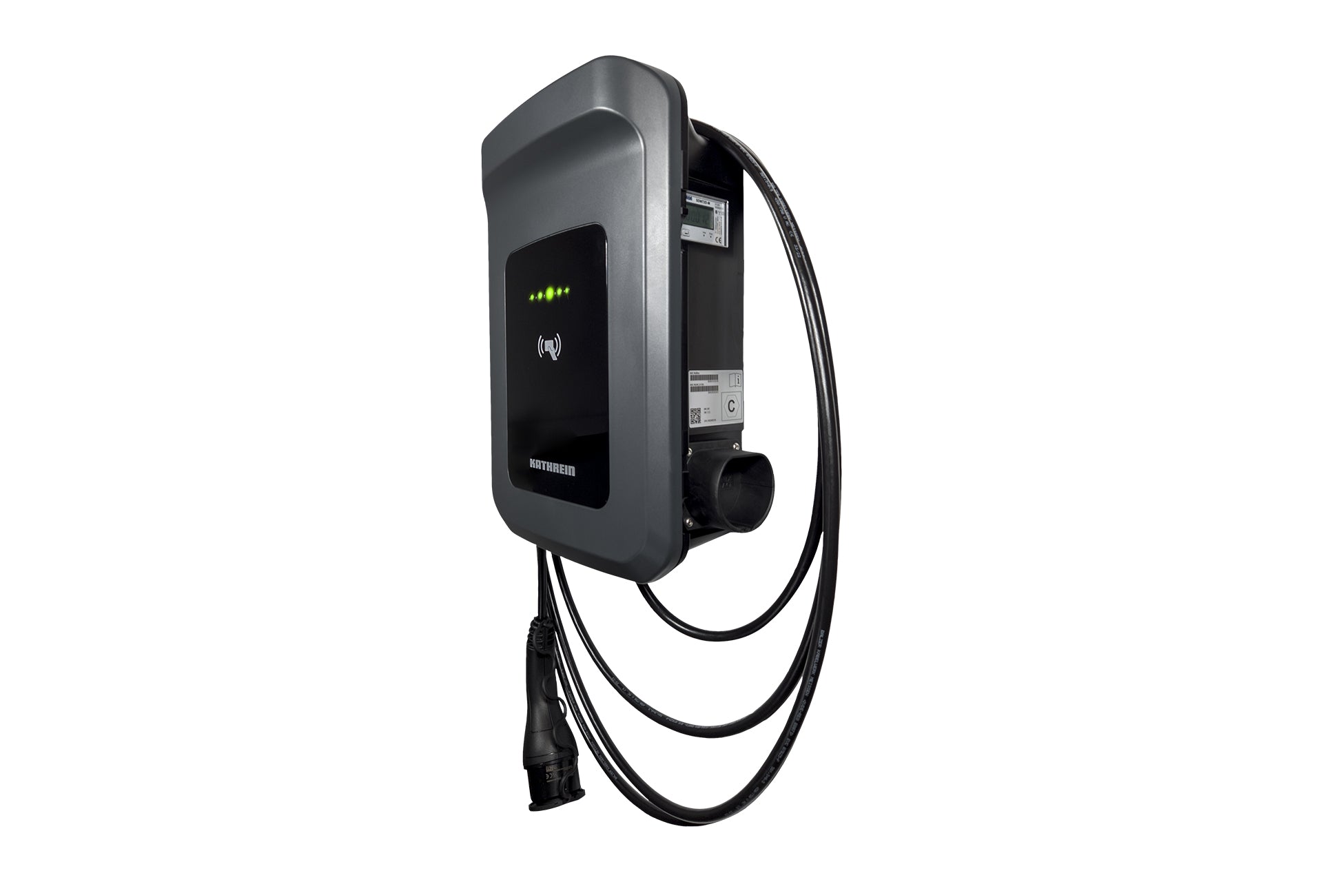Die wandmontierte Ladestation Kathrein KWB-AC60E verfügt über Kontrollleuchten, RFID-Autorisierung und ein Spiralkabel und ist für die nahtlose Integration in moderne Energiemanagementlösungen konzipiert.