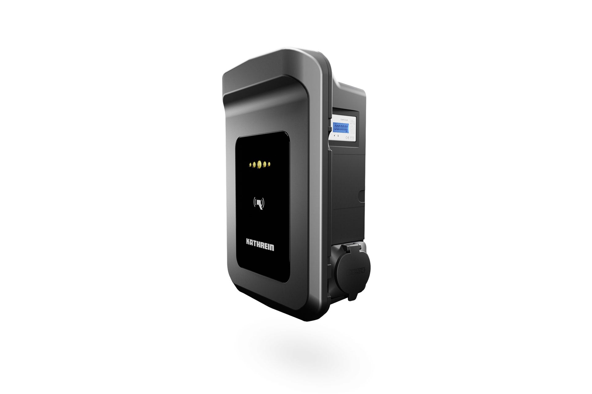 Schwarz-graues Kathrein KWB-AC60E Wandladegerät von Kathrein mit Display, Steckdose und RFID-Autorisierung – ideal für Energiemanagementlösungen; isoliert auf weißem Hintergrund.