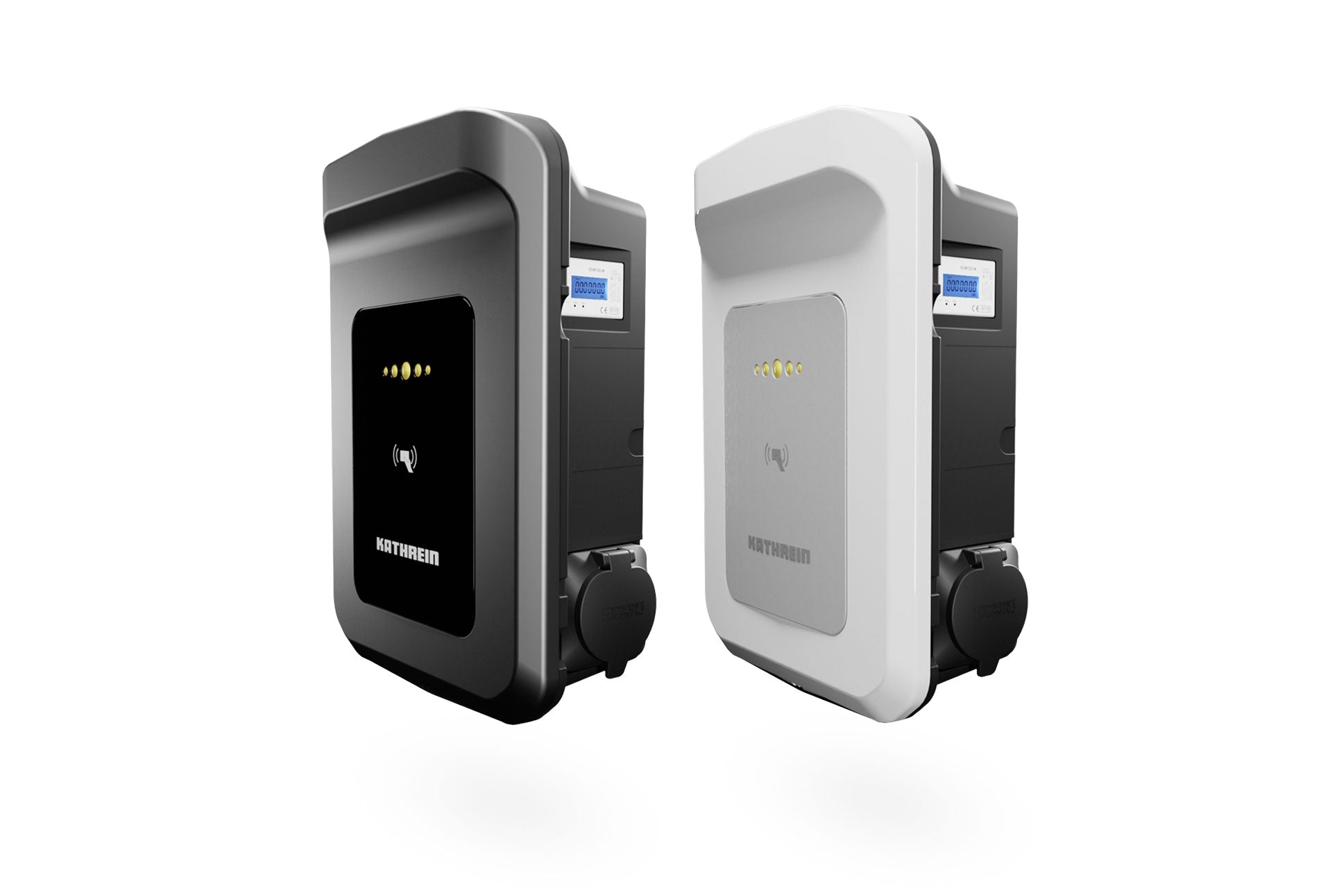Vor einem weißen Hintergrund sind zwei wandmontierte Kathrein-Ladestationen KWB-AC60E für Elektrofahrzeuge in Schwarz und Weiß zu sehen, jeweils mit LED-Anzeige, RFID-Autorisierung und digitaler Anzeige.