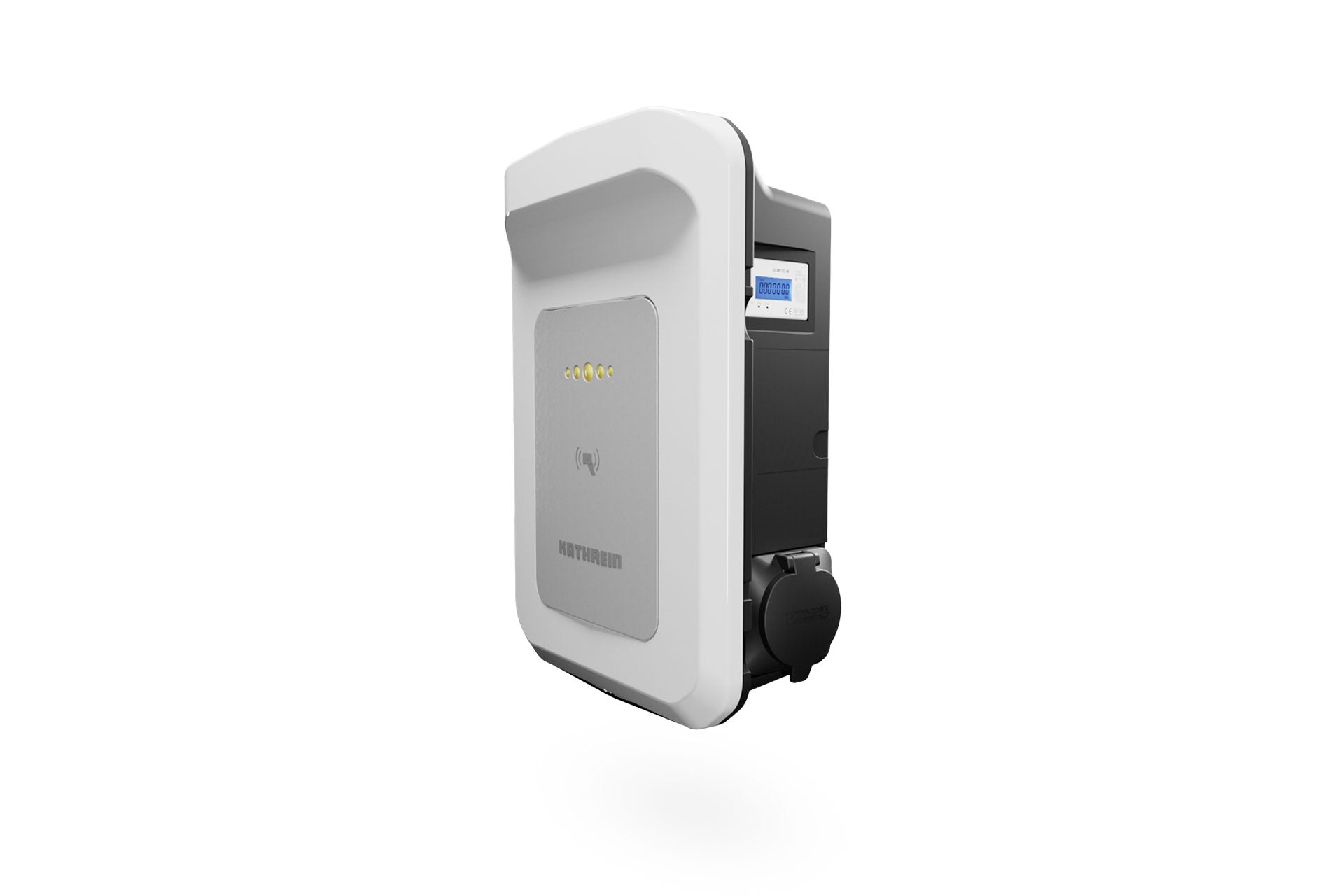 Die Kathrein KWB-AC60E Wallbox, ein weiß-graues Ladegerät für Elektrofahrzeuge mit LED-Anzeigen, RFID-Autorisierung und digitaler Anzeige, wird vor einem schlichten weißen Hintergrund angezeigt.