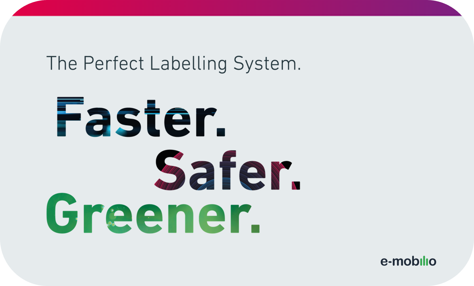 Textgrafik mit dem Schriftzug: Das perfekte Kennzeichnungssystem. Schneller. Sicherer. Umweltfreundlicher. – perfekt für Wallbox- oder Ladestationslösungen. Präsentiert wird die Logopak-Ladekarte vom e-mobilio Shop mit dem e-mobilio Logo unten rechts.