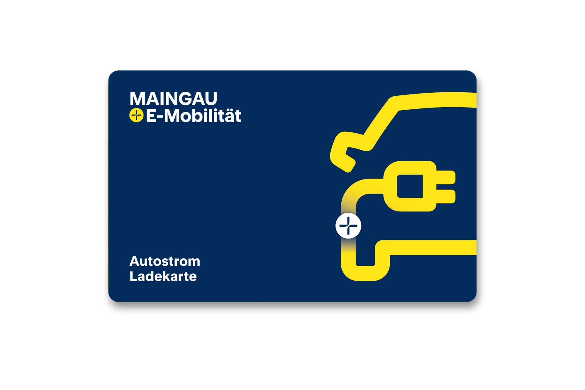 Die Maingau Ladekarte von Maingau zeigt einen gelben Auto- und Steckerumriss auf dunkelblauem Hintergrund mit weiß-gelbem Text und erleichtert so den Zugang zu vielen Ladepunkten.