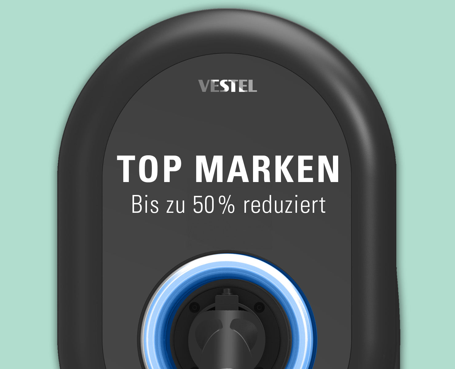 Ein schwarzes Gerät mit der Aufschrift VESTEL und dem Text TOP MARKEN Bis zu 50% reduziert auf hellgrünem Hintergrund.