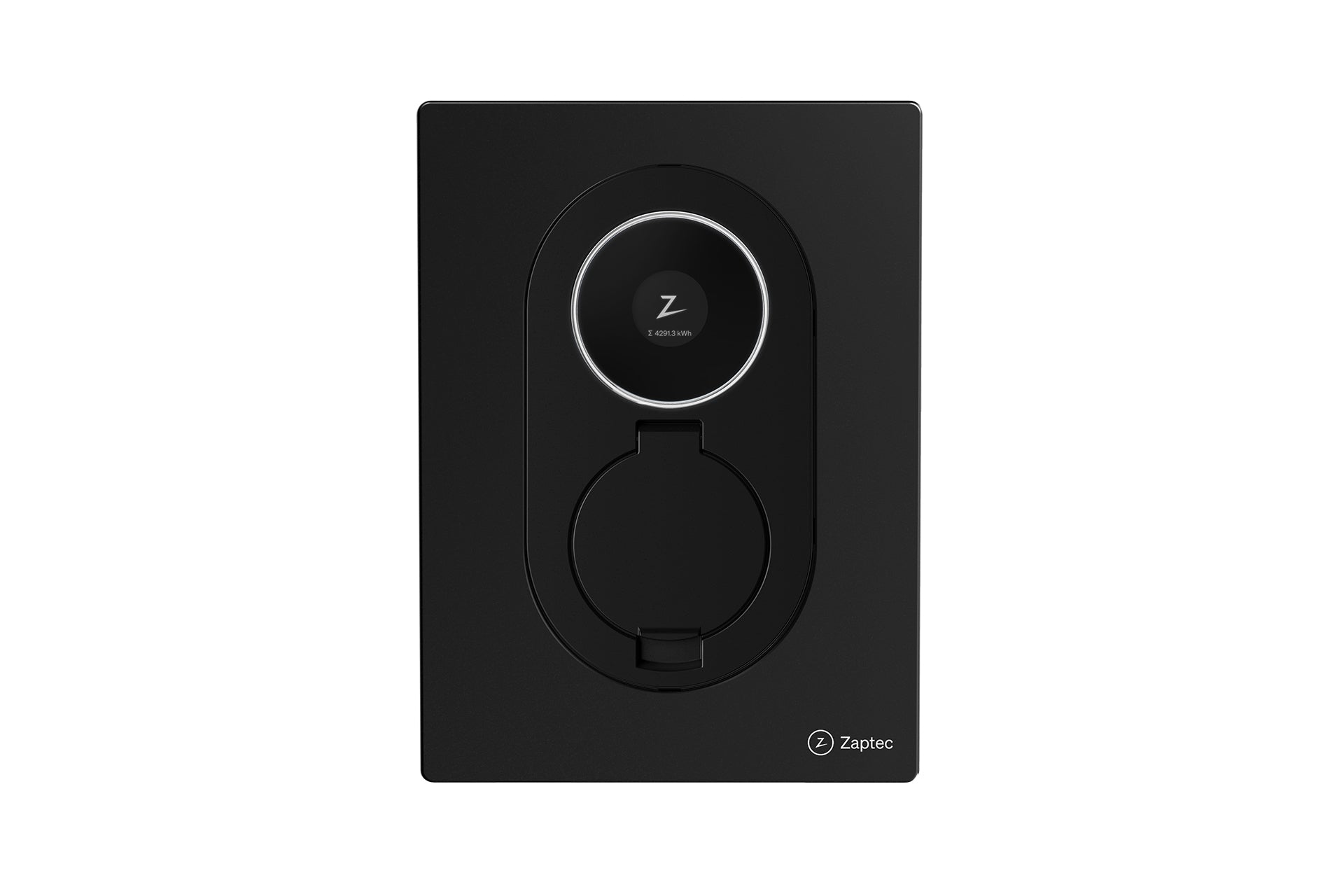 Die Zaptec Go 2 Ladebuchse von Zaptec ist auf einem schlichten, rechteckigen Heimladestation-Panel mit rundem Mittelanschluss und minimalistischem Design montiert.