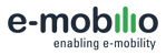 E-mobillo-Logo mit dem Slogan „E-Mobilität ermöglichen“; die drei Buchstaben „l“ in „mobillo“ sind in grünen vertikalen Balken stilisiert.