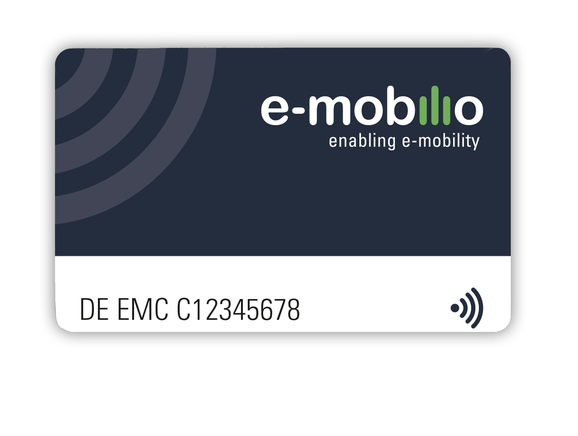 Eine rechteckige e-mobilio Ladekarte vom e-mobilio Shop mit der Kartennummer DE EMC C12345678 und einem kontaktlosen Zahlungssymbol mit der Aufschrift „e-mobility enabling e-mobility“.