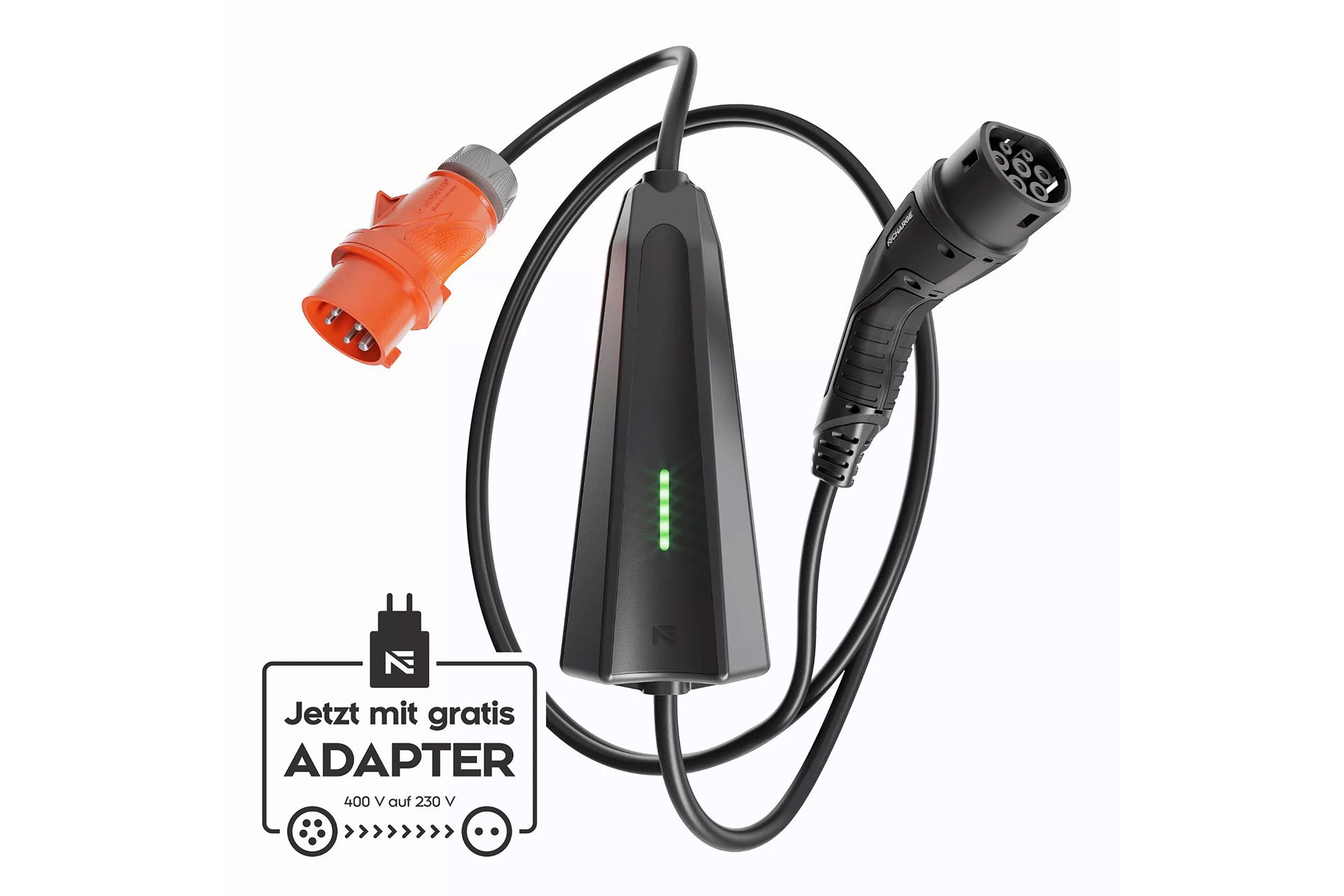 Das NEcharge One von NEcharge ist ein schwarzes EV-Ladekabel mit orange/schwarzen Anschlüssen, grüner LED, deutscher Beschriftung und kostenlosem Adapter für 400V oder 230V – ideal als mobile Ladestation für 3-phasiges Laden.
