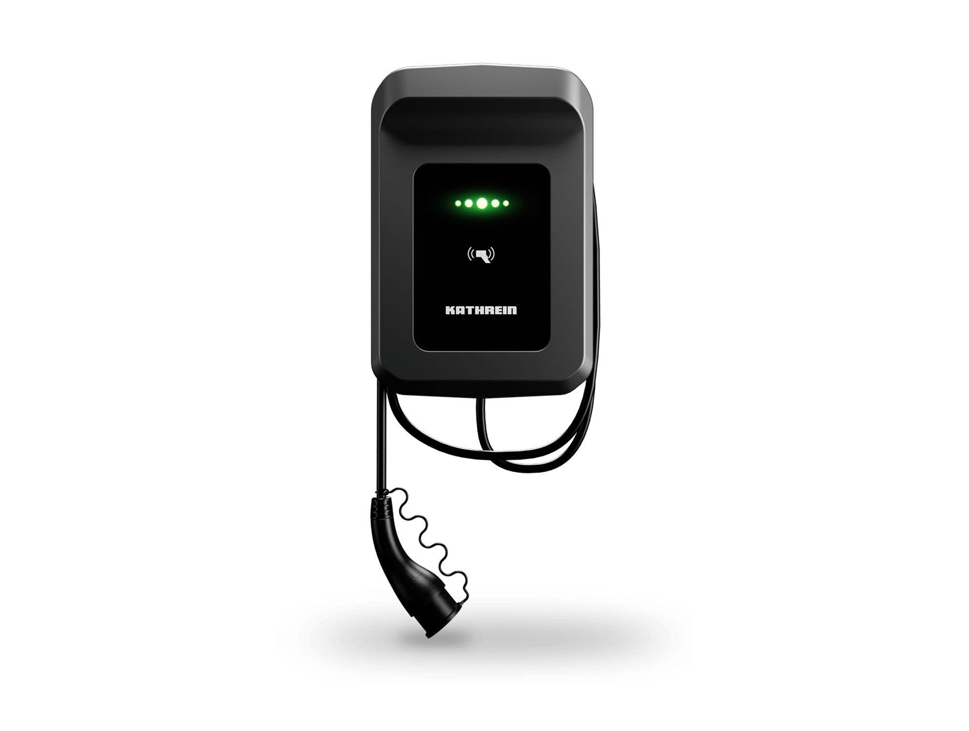 Ein schwarzes HUK Kathrein KWB-AC40-Wandladegerät für Elektrofahrzeuge verfügt über ein Spiralkabel, RFID-Zugang und vier grüne LEDs auf dem Display.