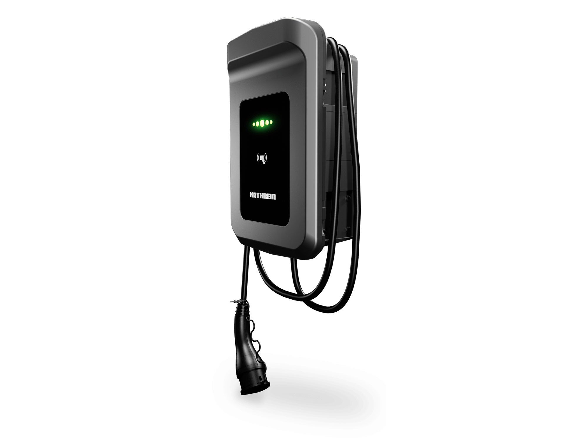 Die HUK Kathrein KWB-AC40 ist eine wandmontierte Ladestation für Elektrofahrzeuge mit schwarzem Kabel und Stecker, grünen LED-Anzeigen und RFID-Authentifizierung – perfekt für moderne Energiemanagementlösungen.