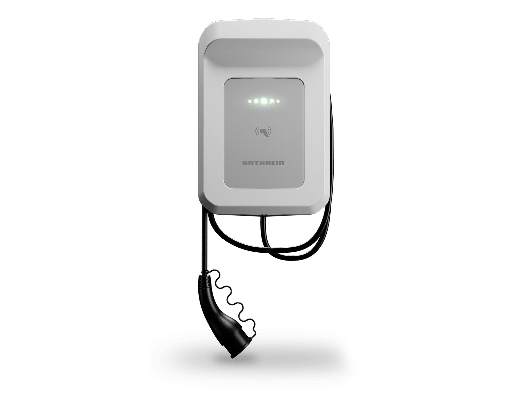 Die Kathrein KWB-AC60E von Kathrein ist eine wandmontierte Ladestation für Elektrofahrzeuge mit RFID-Autorisierung, Spiralladekabel, Kontrollleuchten an der Vorderseite und Kompatibilität mit fortschrittlichen Energiemanagementlösungen.