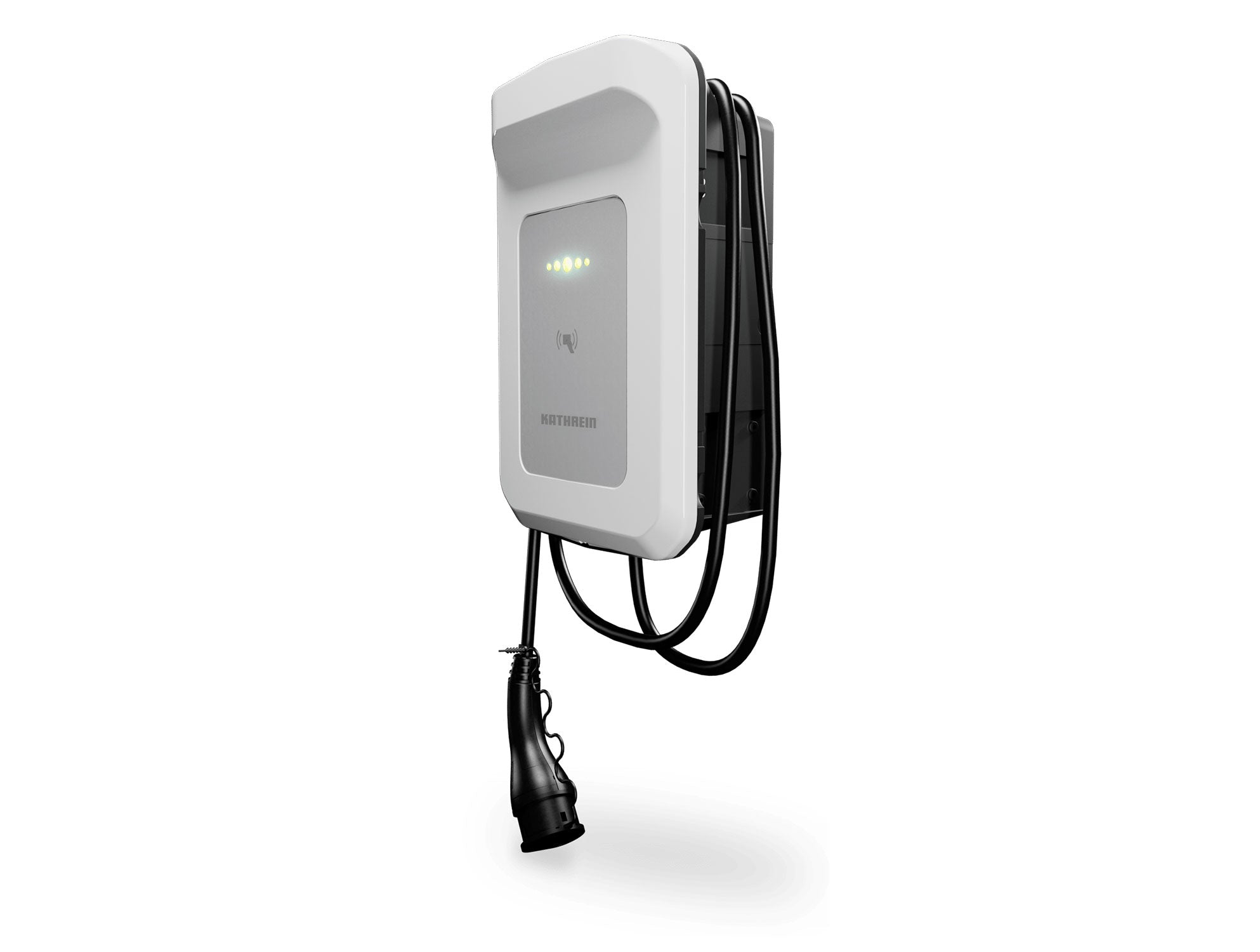Die Kathrein KWB-AC60E von Kathrein ist eine wandmontierte Ladestation für Elektrofahrzeuge mit Spiralkabel, Stecker, Kontrollleuchten und RFID-Autorisierung auf der Vorderseite.