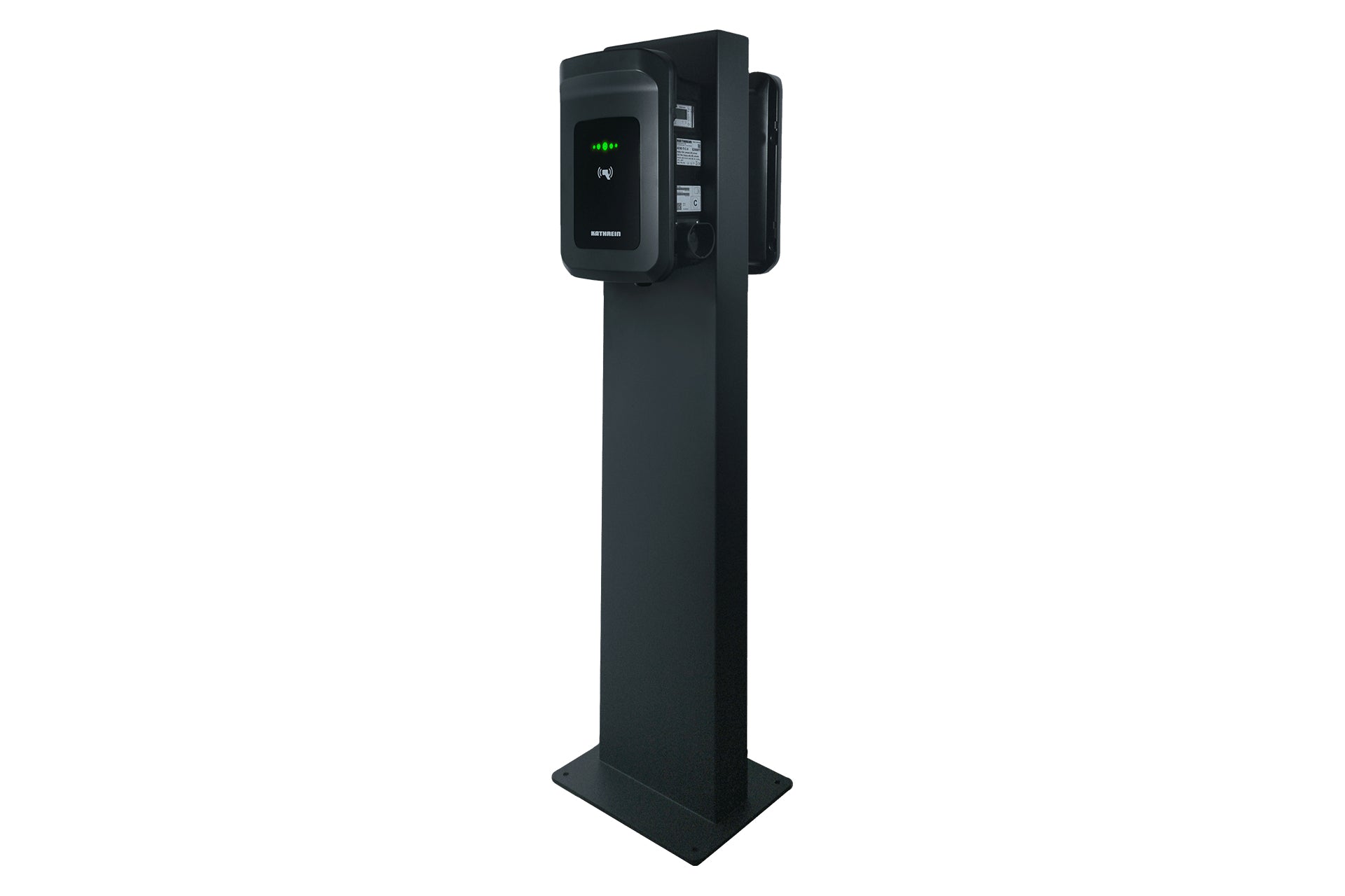 Der Kathrein Standfuß von Kathrein ist eine schwarze Ladestation für Elektrofahrzeuge mit vertikal rechteckigem Design, Digitalanzeige und seitlich angebrachtem Ladekabel – Wallbox-geeignet und ideal für den Außenstellplatzschutz.