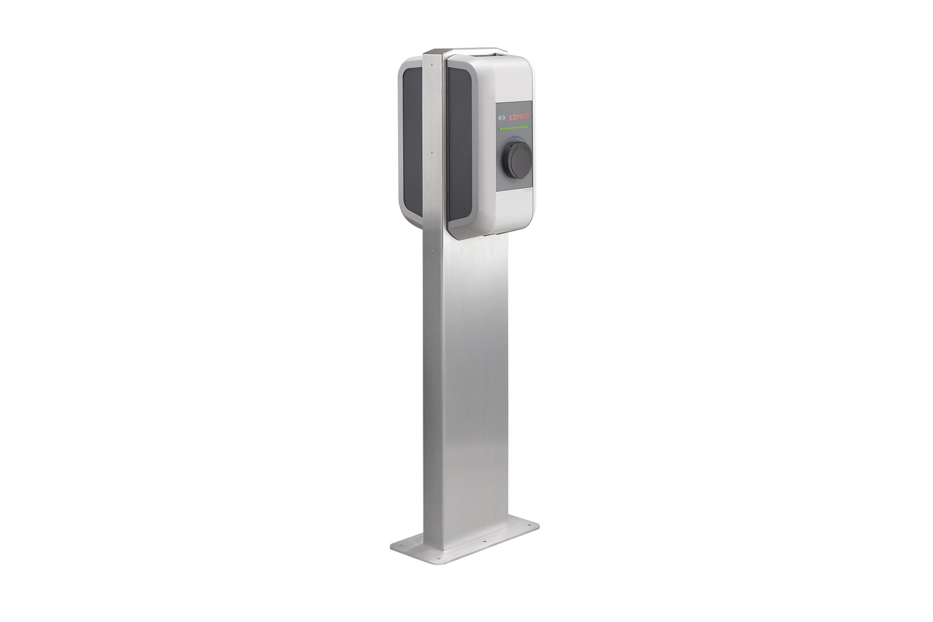 Die KEBA KC-P30 Pedestal, Double ist eine silberne rechteckige Ladestation für Elektrofahrzeuge auf einem Edelstahl-Standfuß, perfekt für die Verwendung mit KEBA KeContact Heimladestationen.