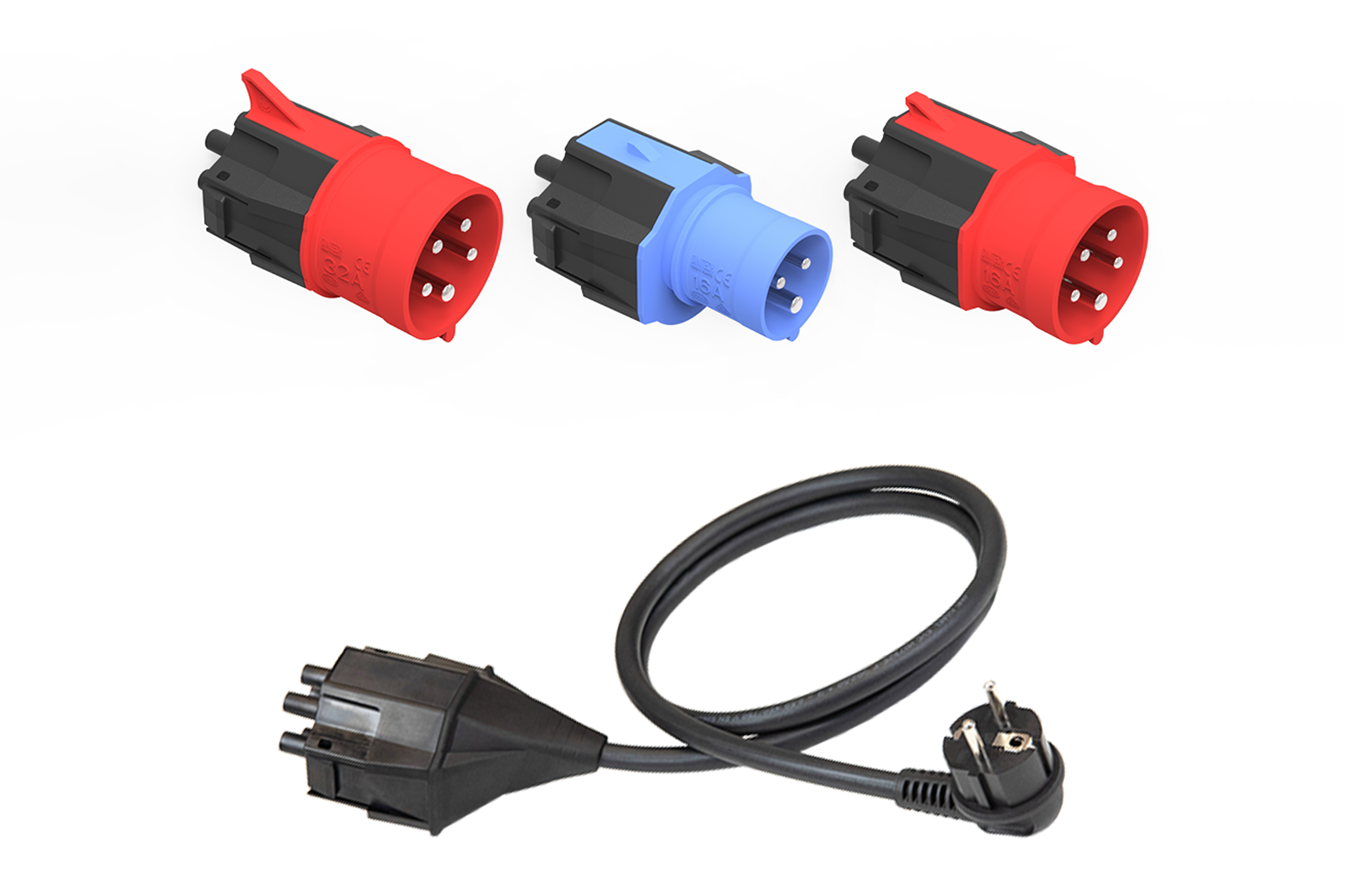 Das NRGkick Set von NRGkick beinhaltet drei rot-blaue Industrie-Stromstecker sowie ein schwarzes Verlängerungskabel mit Europastecker und Typ 2-Stecker, abgestimmt auf die mobile Ladeeinheit NRGkick mit 22kW Ladeleistung.