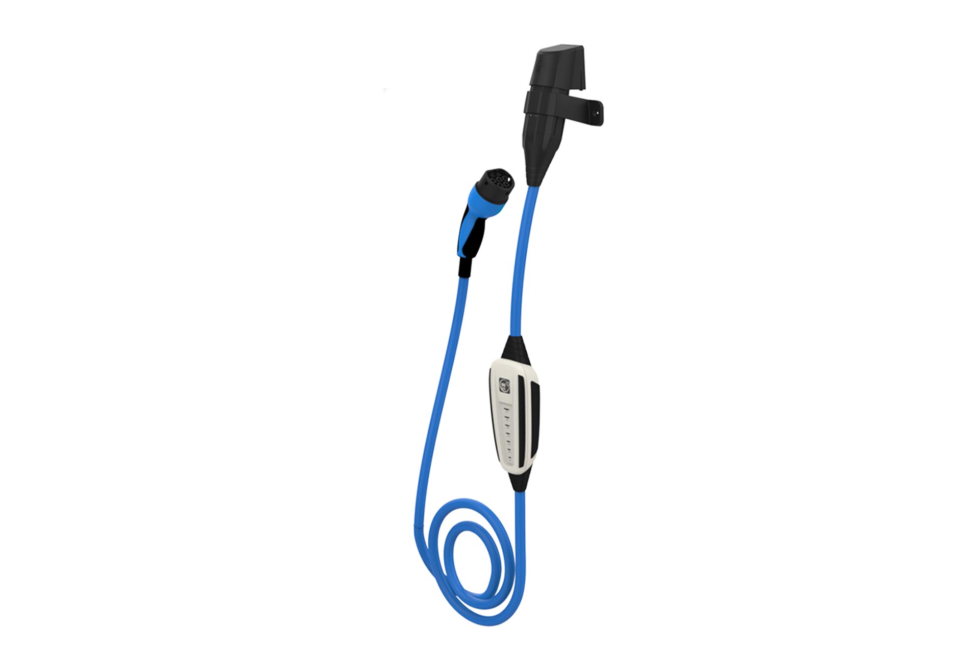 Das NRGkick KfW Select von NRGkick ist ein blau-schwarzes Ladekabel für Elektrofahrzeuge mit Steuerbox und Stecker, ausgestattet mit einer mobilen Ladeeinheit, die aufgerollt auf weißem Hintergrund dargestellt ist.