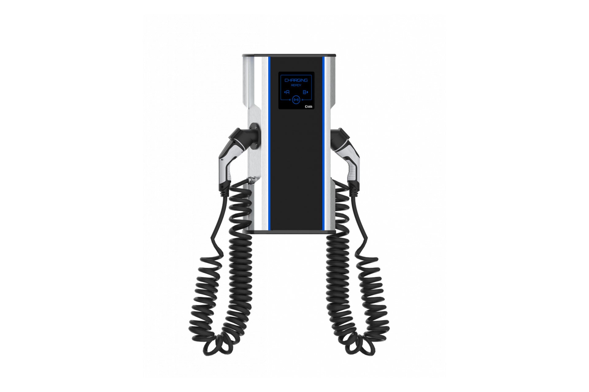 Das Elinta Charge CityCharge Mini2 ist ein wandmontiertes Ladegerät für Elektrofahrzeuge von Elinta Charge mit Doppellader, zwei Spiralkabeln und einer digitalen Anzeige.