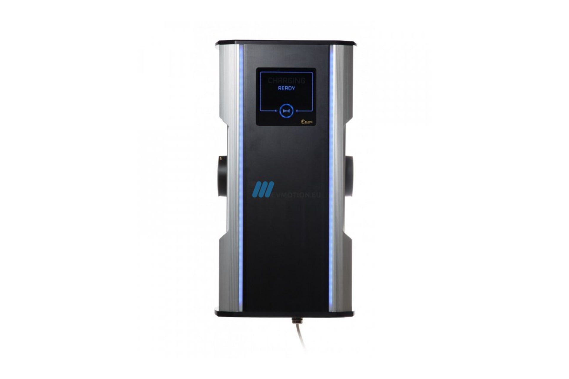Die Elinta Charge CityCharge Mini2 ist eine schwarze Ladestation für Elektrofahrzeuge mit einem Display mit der Anzeige „CHARGING 88.0V“, vertikalen blauen LED-Leuchten und einfacher Wandmontage. Marke: Elinta Charge.