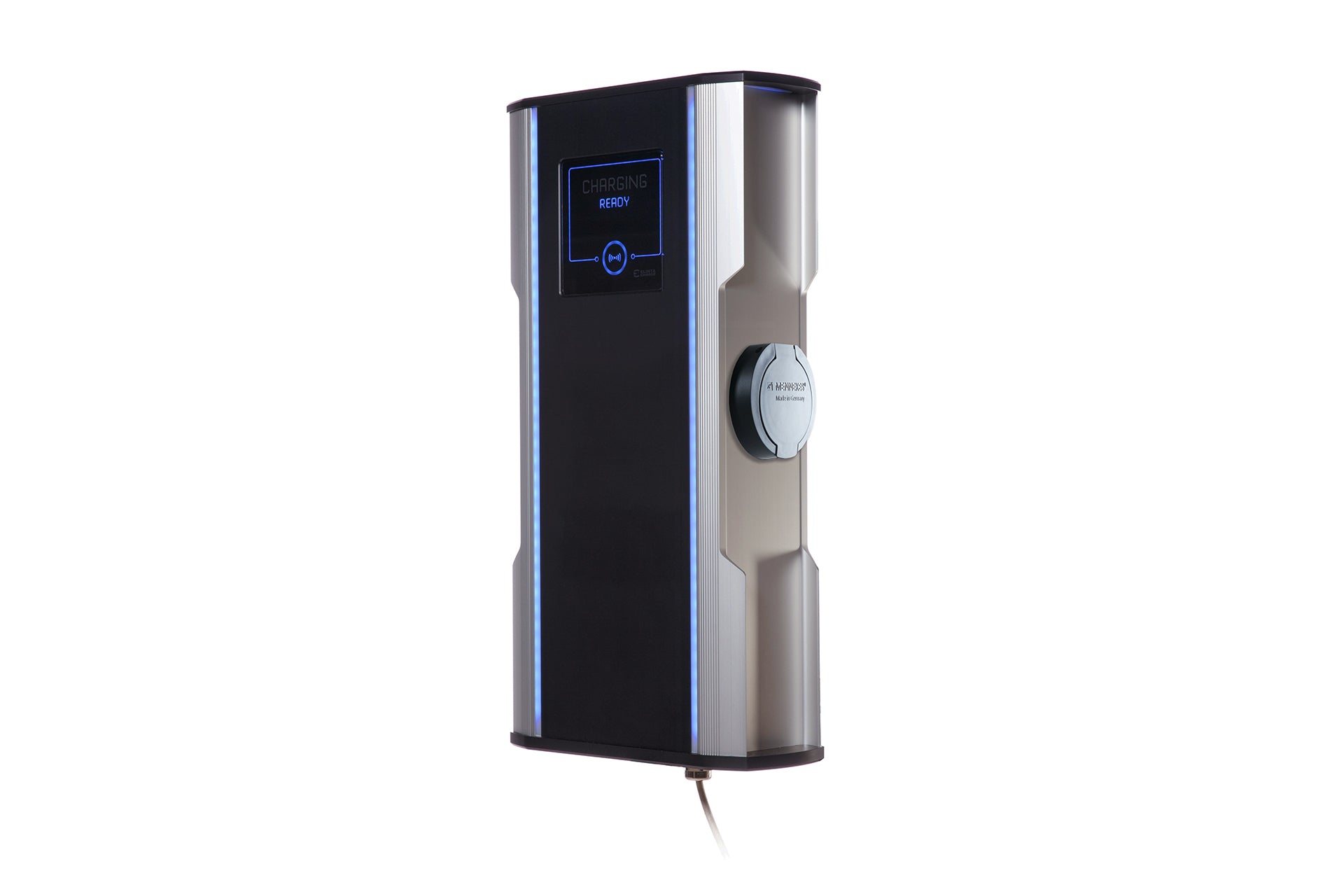 Das Elinta Charge CityCharge Mini2 ist ein an der Wand montiertes Ladegerät für Elektrofahrzeuge mit Doppellader-Funktion, einem seitlichen Kabelanschluss und einer Anzeige, die „LADEBEREIT“ anzeigt.