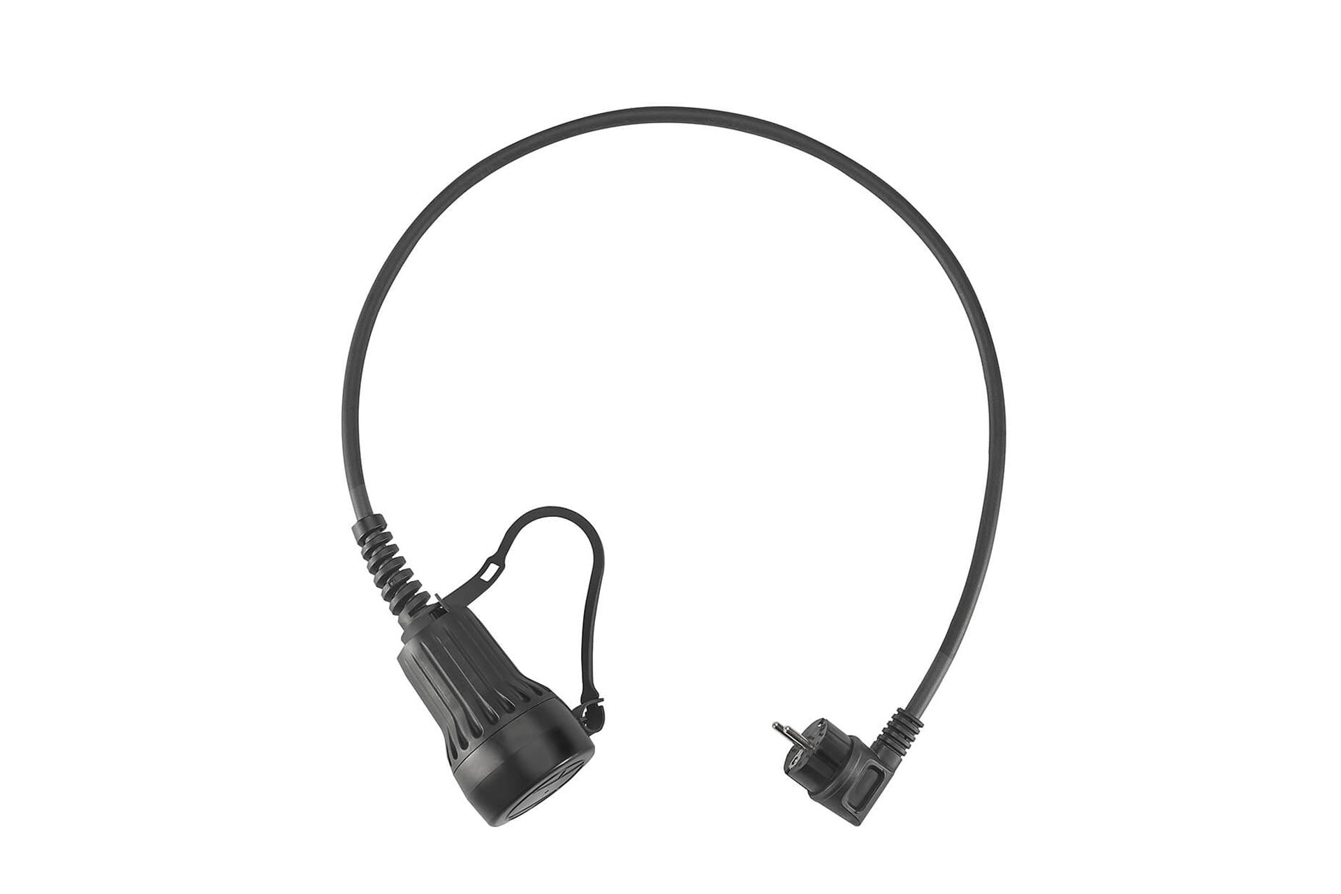 Das LAPP Mobile Ladestation Universal SET von LAPP, bestehend aus einer schwarzen Plug-in-LED-Lampe mit flexiblem Hals und europäischem Elektrostecker, ist vor einem weißen Hintergrund fotografiert.