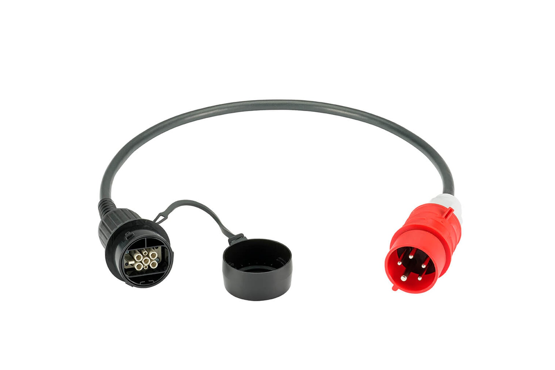 Ein schwarz-rotes LAPP Netzadapterkabel mit Rundstecker und Schutzkappe – ideal für das LAPP Mobile Ladestation Universal SET oder als mobiles Ladezubehör.