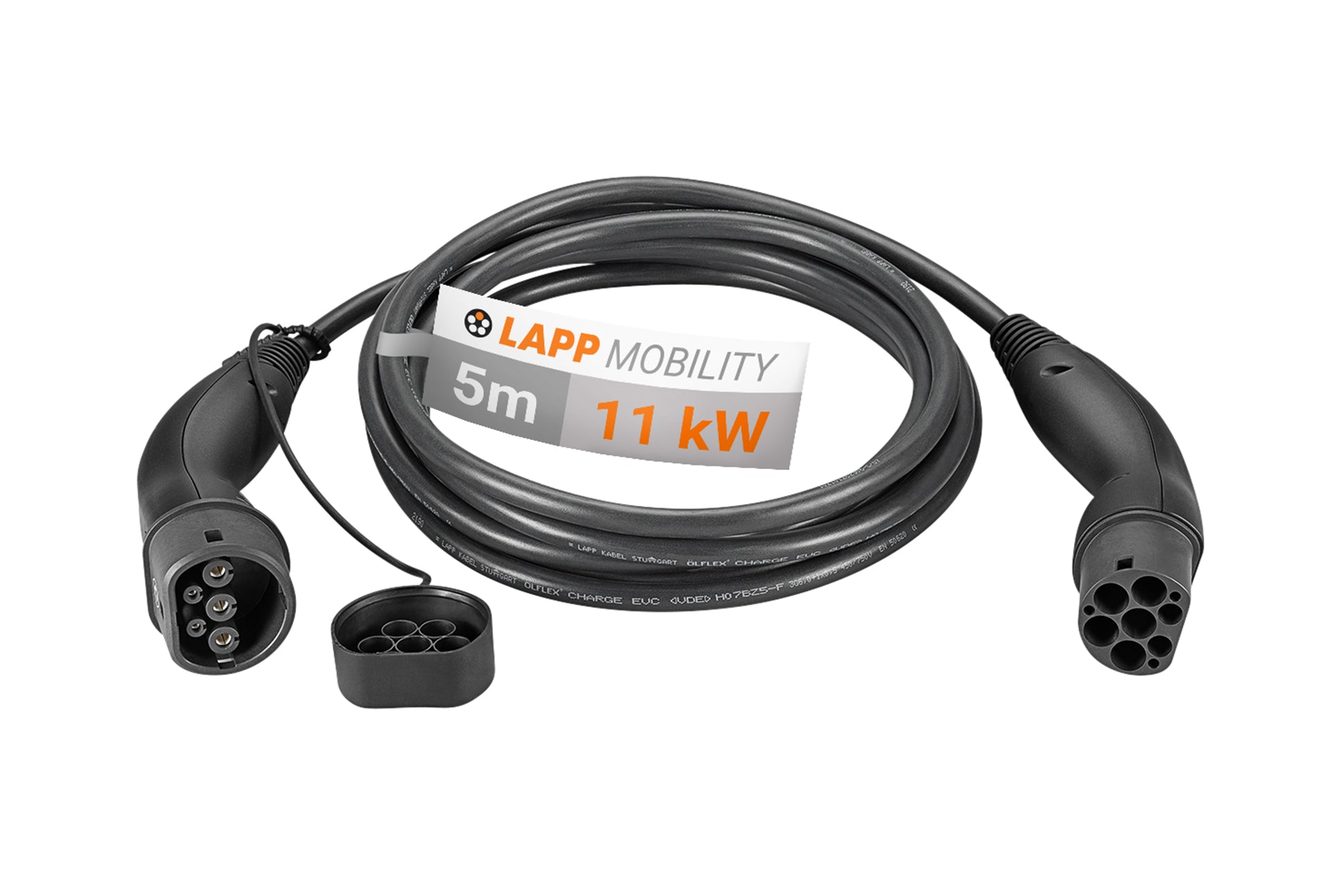 Ein schwarzes Lapp - Ladekabel Typ 2 Ladekabel für Elektroautos von LAPP, 5m lang mit zwei Anschlüssen und 11 kW Leistung, konzipiert für Elektroautos, abgebildet auf weißem Hintergrund.