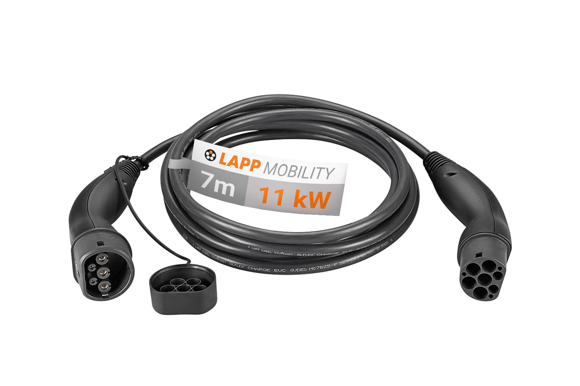 Das LAPP - Ladekabel Typ 2 ist ein schwarzes Ladekabel für Elektroautos, 7m lang, mit 11kW Leistung, Steckern an beiden Enden und einer Schutzkappe.
